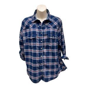 JACHS Girlfriend Flannel Blue Plaid Button Down Shirt Size L Roll Up Sleeve